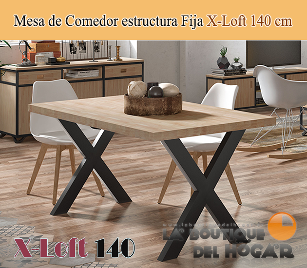 Mesa de comedor fija negra con patas metálicas y tablero de Roble Modelo X-Loft