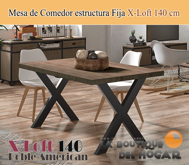 Mesa de comedor fija con tapa de madera de roble y patas metálicas negras  Merkamueble