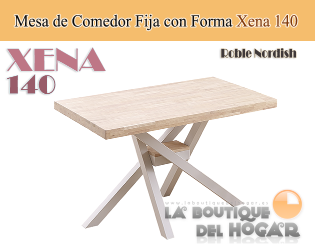 Mesa de comedor fija blanca con patas metálicas y tablero de Roble Modelo Xena