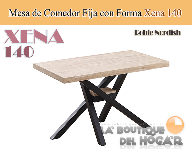 Mesa de comedor fija negra con patas metálicas y tablero de Roble Modelo Xena