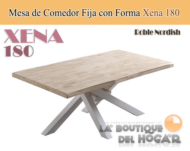 Mesa de comedor fija blanca con patas metálicas y tablero de Roble Modelo Xena