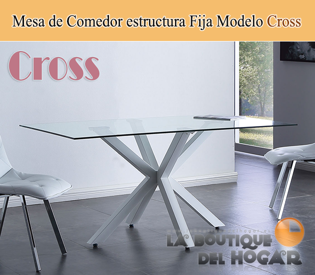 Mesa de comedor fija de estilo moderno en cristal templado Modelo Cross - Color blanco