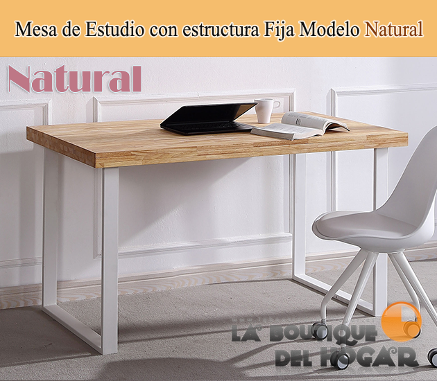 Mesa de estudio fija blanca con patas metálicas y tablero de Roble Nordish  Modelo Natural