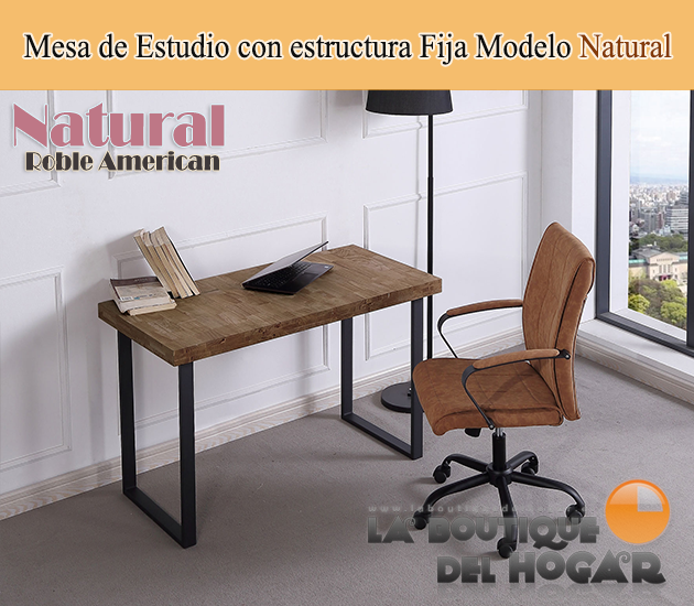 Mesa de estudio fija negra con patas metálicas y tablero de Roble American  Modelo Natural