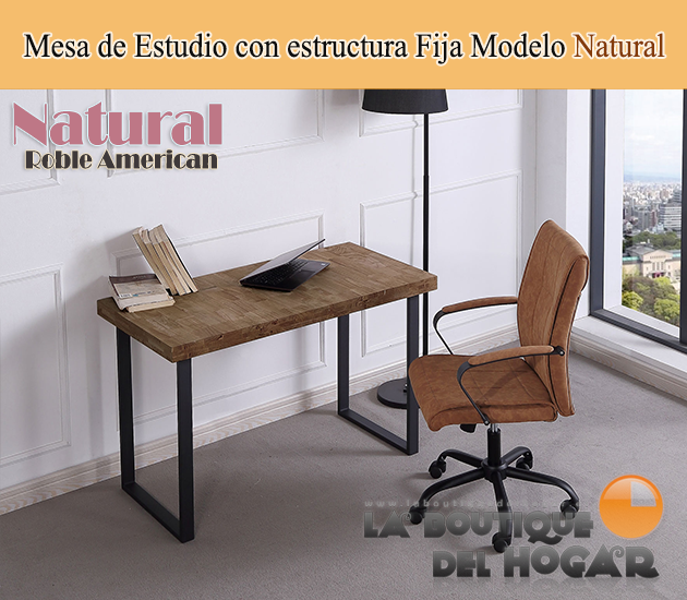 Mesa de estudio fija negra con patas metálicas y tablero de Roble