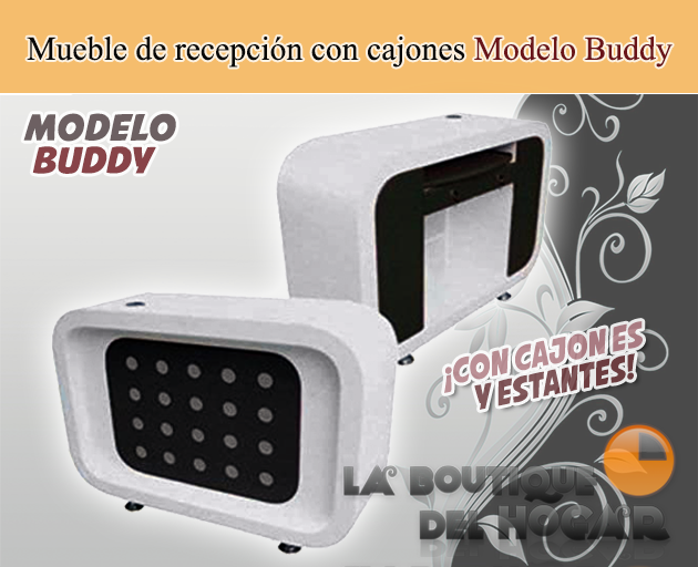 Mueble de recepción con cajón, estantes y bandeja extraíble Modelo Buddy