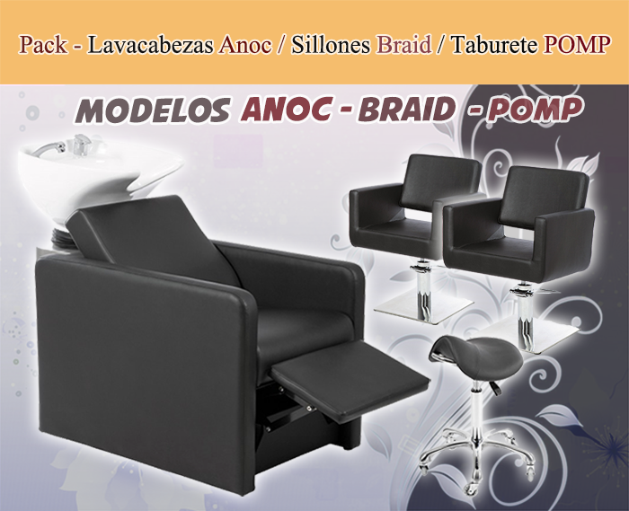 Pack - 1 Lavacabezas Con Pica Blanca y reposapiés eléctrico Anoc + 2 Sillones De Corte Braid + 1 Taburete Pomp de regalo