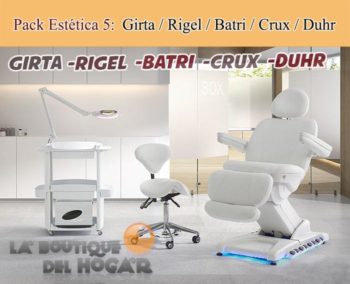 Pack Estética 5 - Camilla Girta Next / Carrito Rigel / Taburete Batri / Lámpara Crux / Esterilizador Duhr