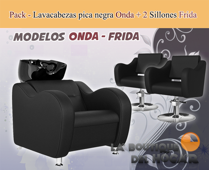 Pack - 1 Lavacabezas Con Pica negra Onda Negro + 2 Sillones De Corte Frida Negros