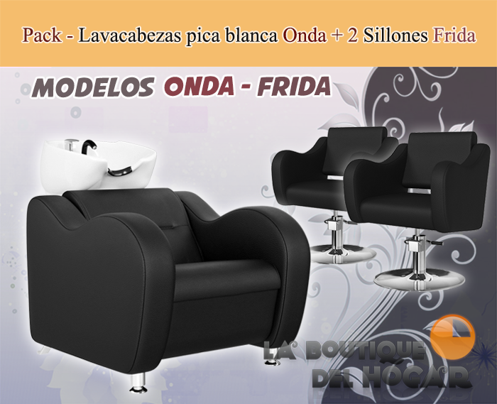 Pack - 1 Lavacabezas Con Pica Blanca Onda Negro + 2 Sillones De Corte Frida Negros