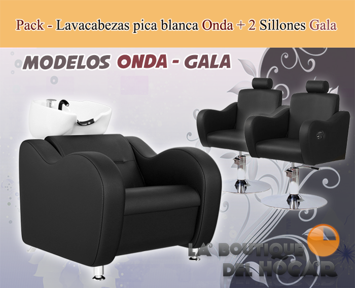 Pack - 1 Lavacabezas Con Pica Blanca Onda Negro + 2 Sillones De Corte Gala Negros