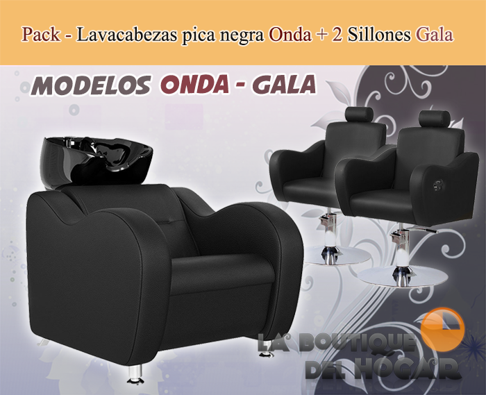 Pack - 1 Lavacabezas Con Pica negra Onda Negro + 2 Sillones De Corte Gala Negros