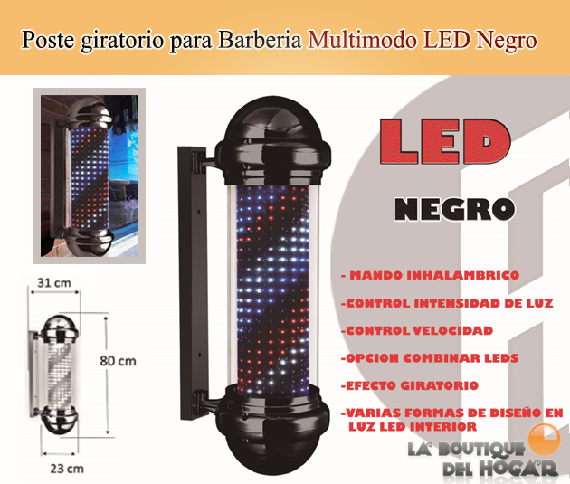 Poste giratorio para Barbería y Peluquería con Luz Multimodo LED Negro 80x23cm