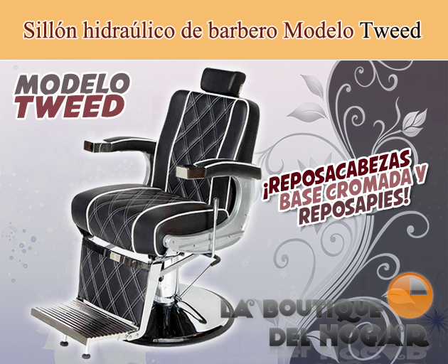 Sillón Barbero hidráulico reclinable y giratorio con reposabrazos Modelo Tweed