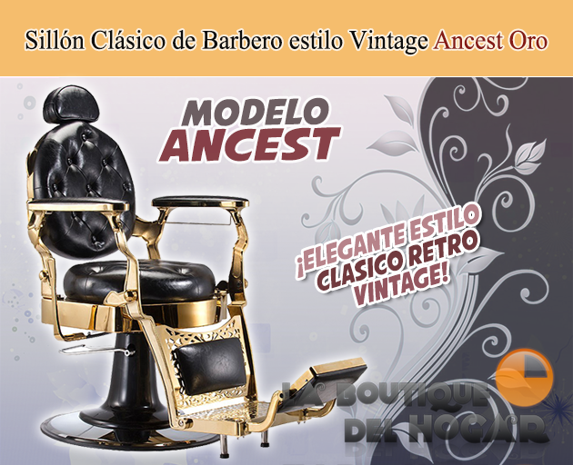 Sillón Clásico de Barbero hidráulico estilo Retro Vintage con reposapies integrado Modelo Ancest Oro