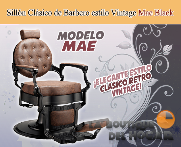 Sillón Clásico de Barbero hidráulico estilo Retro Vintage con reposapies integrado Modelo Mae Black marrón