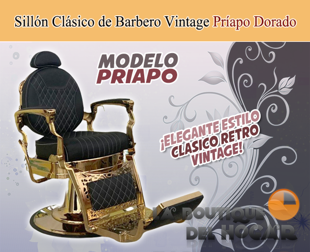 Sillón Clásico de Barbero hidráulico estilo Retro Vintage con reposapies integrado Modelo Priapo Dorado