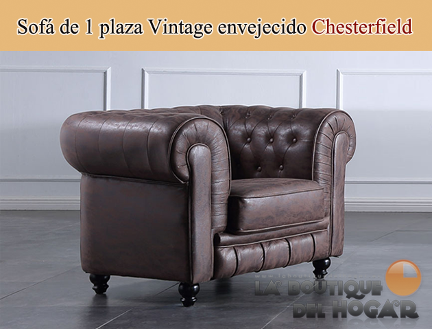 Sofá de diseño de 1 plaza Tejido Chocolate envejecido Modelo Chesterfield