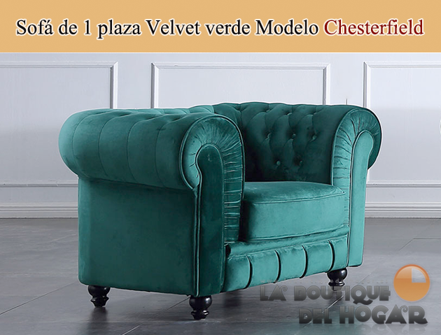 Sofá de diseño de 2 plazas Tejido Velvet verde Modelo Chesterfield