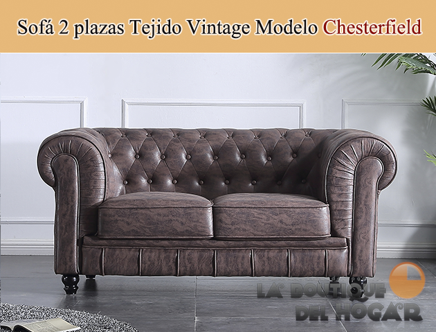 Sofá de diseño clásico de 2 plazas estilo Vintage en Tejido Chocolate envejecido Modelo Chesterfield