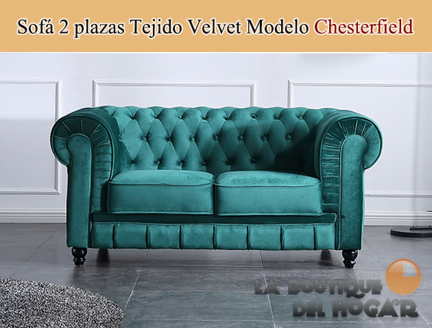 Sofá de diseño de 2 plazas Tejido Velvet verde Modelo Chesterfield