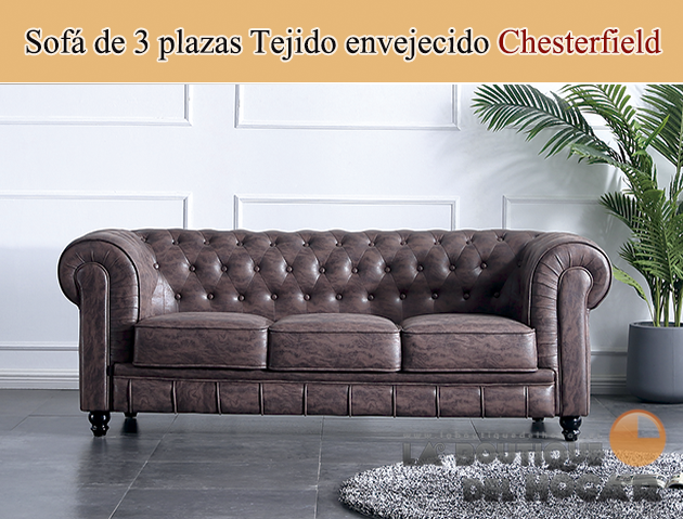 Sofá de diseño clásico de 3 plazas estilo Vintage en Tejido Chocolate envejecido Modelo Chesterfield