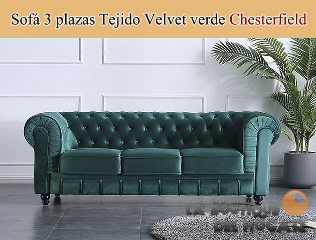 Sofá de diseño de 3 plazas Tejido Velvet verde Modelo Chesterfield