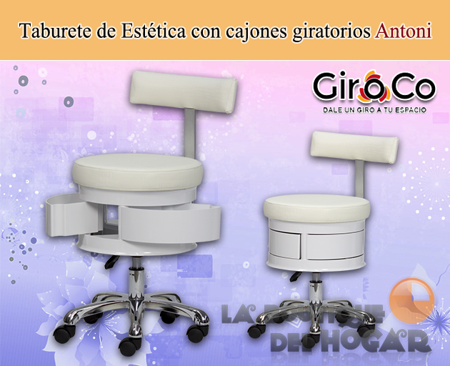 Taburete estética con respaldo y cajones giratorios Modelo Antoni color Blanco