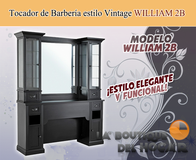Tocador de Barbería Vintage con encimera y vitrina Modelo WILLIAM 2B