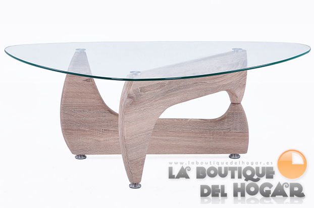 Mesa de centro fija Cristal templado con patas imitación Roble Modelo Leyna 110x70cm