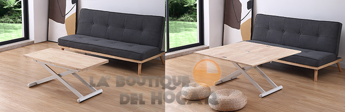 Mesa de centro elevable negra con patas metálicas y tablero de Roble Nordish Modelo Natural