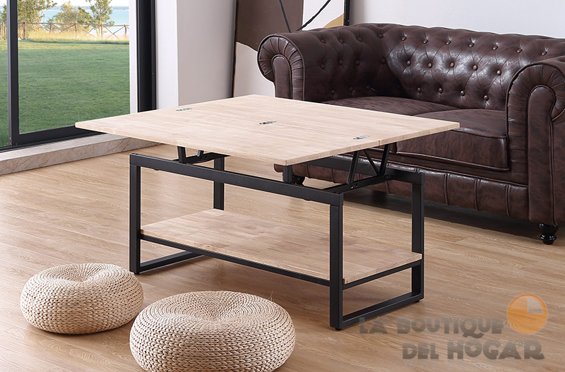 Mesa de centro elevable negra con patas metálicas y tablero de Roble Nordish Modelo Steve