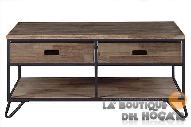 Mesa de centro fija negra con patas metálicas y tablero de Roble American Modelo Industrial