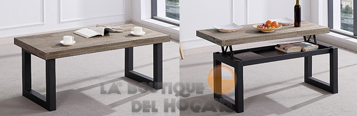 Mesa de centro elevable negra con patas metálicas y tablero de Roble American Modelo Loft