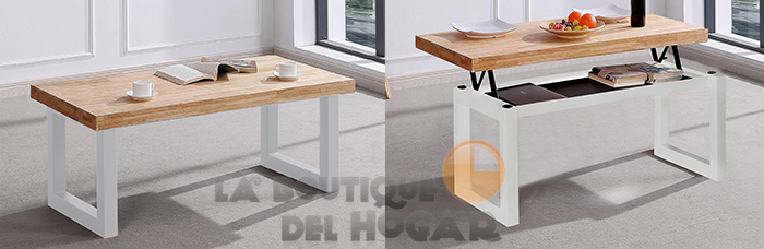 Mesa de centro elevable blanca con patas metálicas y tablero de Roble Nordish Modelo Loft