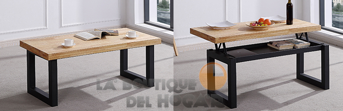 Mesa de centro elevable negra con patas metálicas y tablero de Roble Nordish Modelo Loft