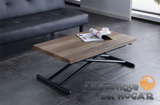 Mesa de centro elevable negra con patas metálicas y tablero Nogal Modelo Up-Down