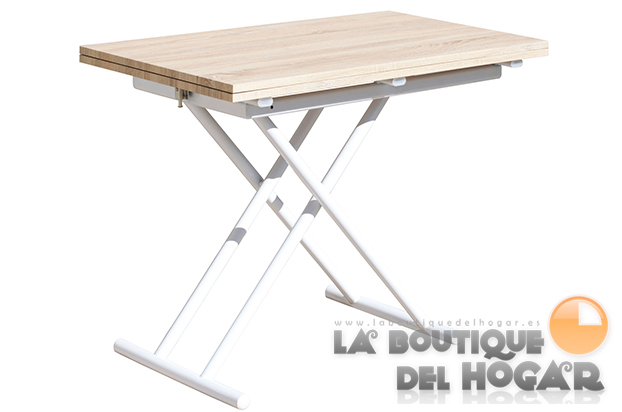 Mesa de centro elevable blanca con patas metálicas y tablero Roble Modelo Up-Down