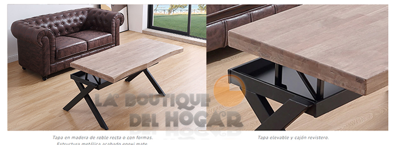 Mesa de centro elevable negra con patas metálicas y tablero de Roble Honey Modelo Xena