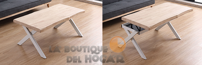 Mesa de centro elevable blanca con patas metálicas y tablero de Roble Nordish Modelo Xena