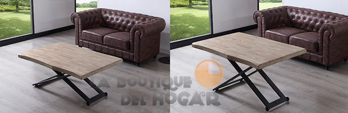 Mesa de centro elevable negra con patas metálicas y tablero de Roble Honey Modelo Zoe