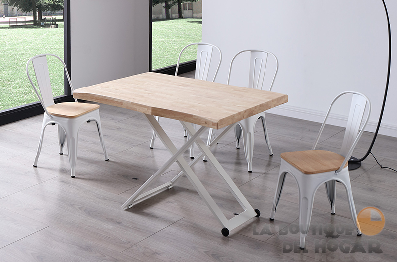 Mesa de centro elevable blanca con patas metálicas y tablero de Roble Nordish Modelo Zoe