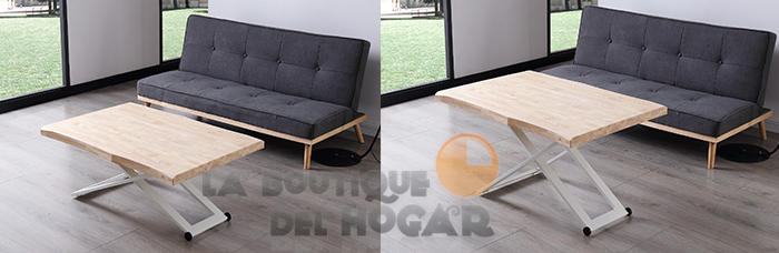 Mesa de centro elevable blanca con patas metálicas y tablero de Roble Nordish Modelo Zoe