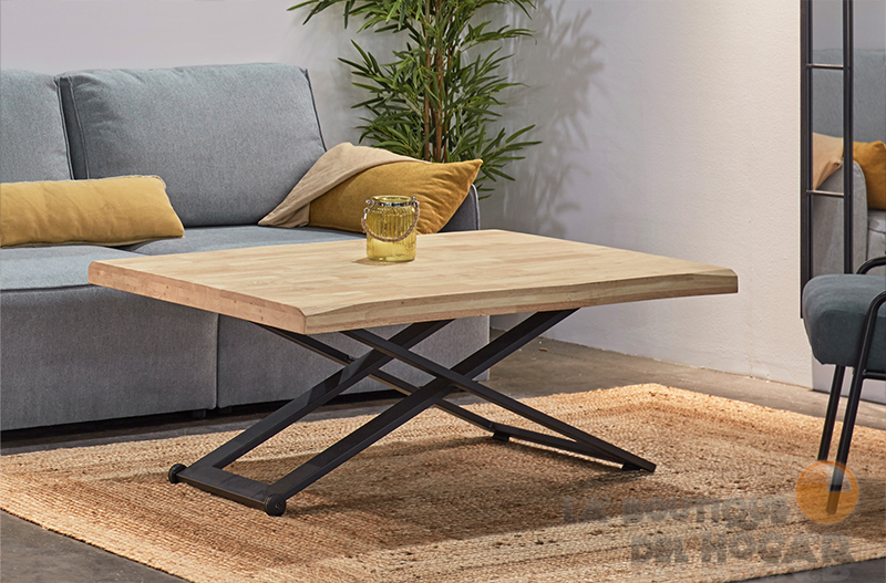 Mesa de centro elevable negra con patas metálicas y tablero de Roble Nordish Modelo Zoe