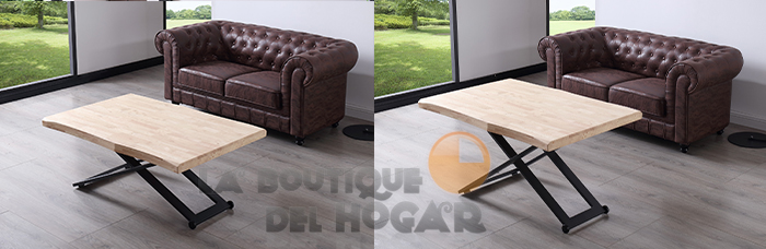 Mesa de centro elevable negra con patas metálicas y tablero de Roble Nordish Modelo Zoe