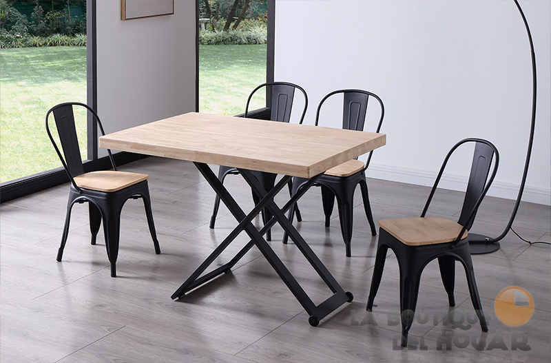 Mesa de centro elevable negra con patas metálicas y tablero de Roble Nordish Modelo Zoe