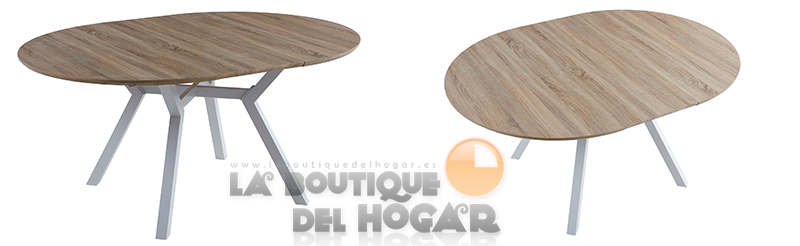 Mesa de comedor extensible blanca con patas metálicas y tablero Oak Modelo Delta