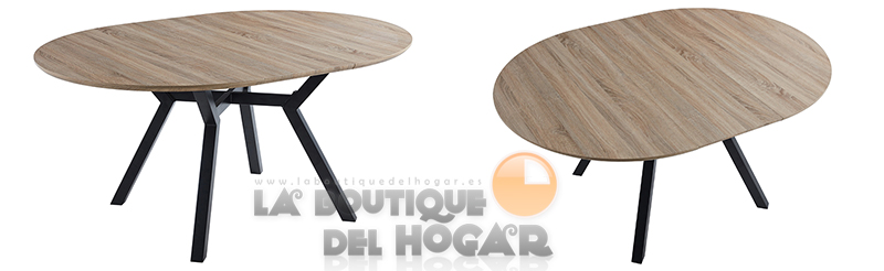 Mesa de comedor extensible negra con patas metálicas y tablero Oak Modelo Delta