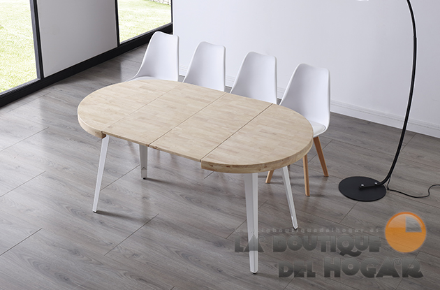 Mesa de comedor fija blanca con patas metálicas y tablero de Roble Nordish Modelo Berg