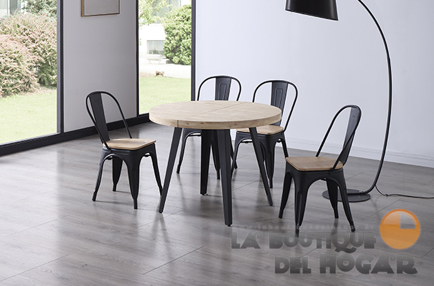 Mesa de comedor fija negra con patas metálicas y tablero de Roble Honey Modelo Berg